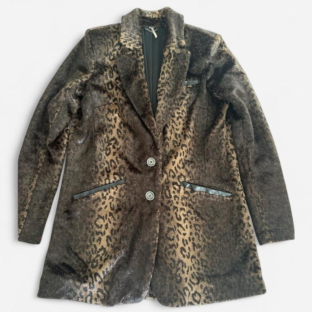 Free People Leopard Print Faux Fur Coat Brown Tan Animal Print Jacket Small
